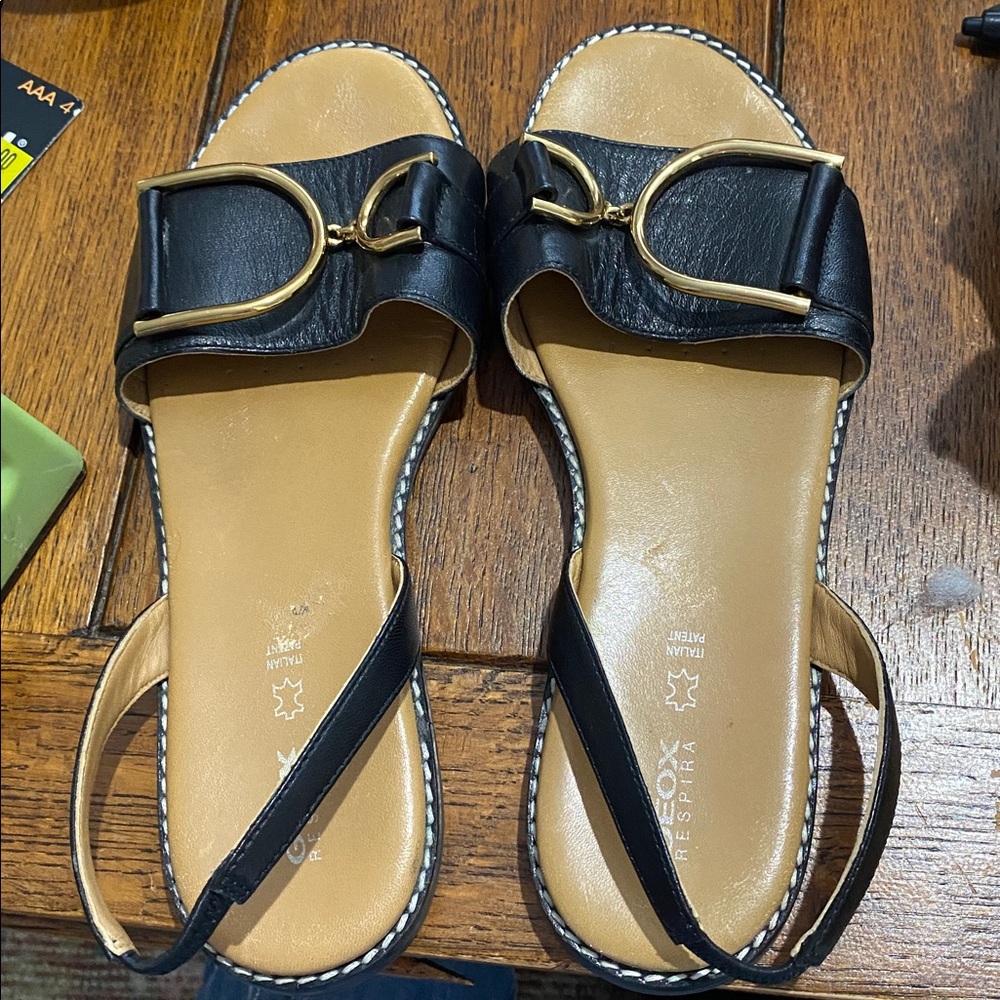 GEOX Respira Italian Sandals. Black leather with gold hardware and tan leather